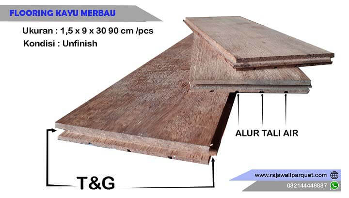 Lantai kayu Merbau Flooring ukuran 1,5 x 9 x 30-90 cm/pcs