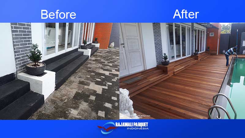 Before after decking kayu samping Kolam