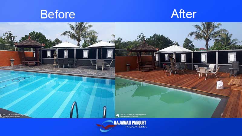 Before after decking kayu samping Kolam