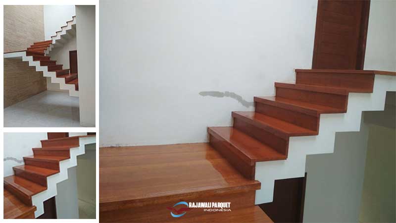 Inspirasi pemasangan papan kayu merbau di anak tangga