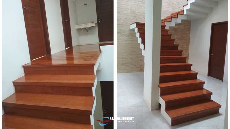 Inspirasi pemasangan papan kayu merbau di anak tangga