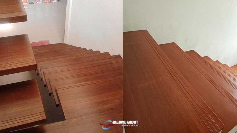 Inspirasi pemasangan papan kayu merbau di anak tangga